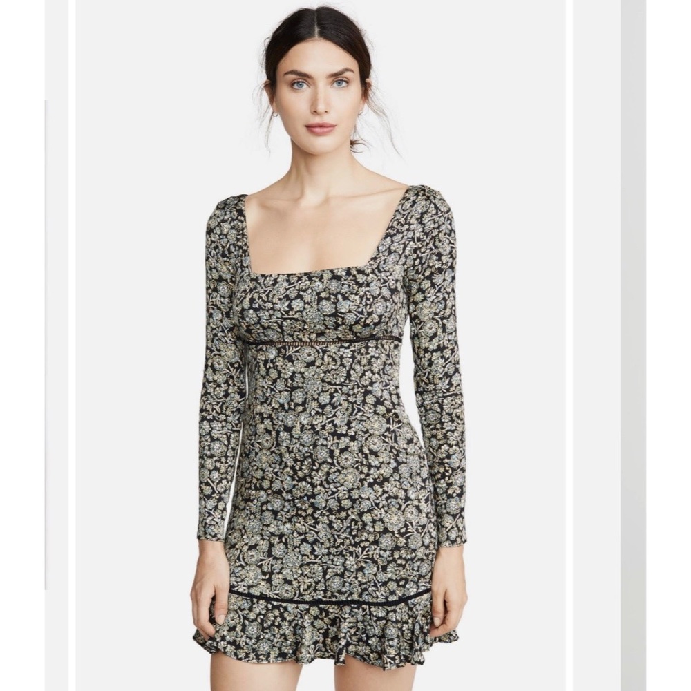 Free people black floral long sleeve boho tie back mini dress